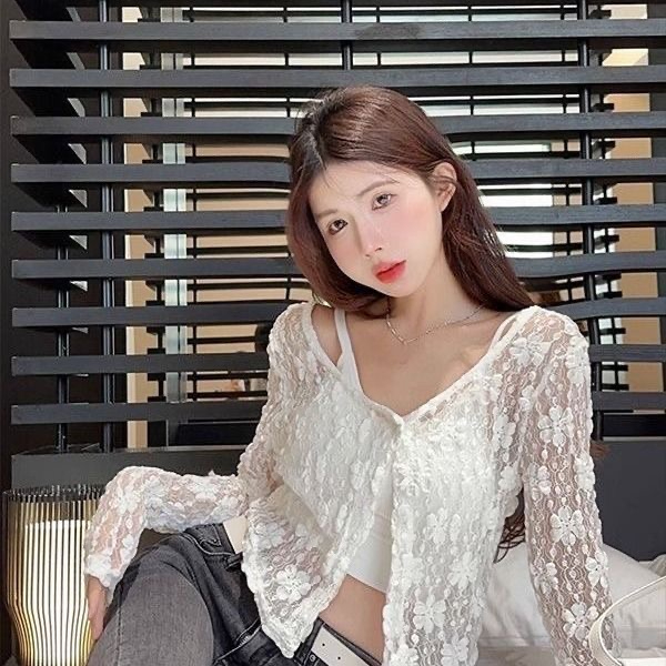 白色防曬衣蕾絲開衫外套女夏季薄款外搭披肩鏤空微透長袖短款上衣