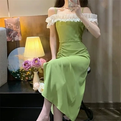 吊帶露肩連衣裙女夏裝2024夏款氣質顯瘦高級感仙女開叉長裙