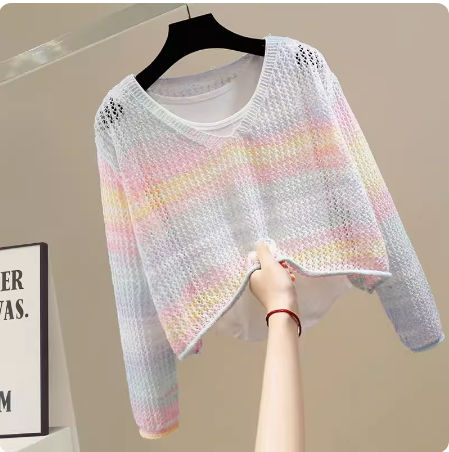 Fashionable hollow design V-neck pullover short contrasting striped sweater with irregular vest inside two-piece set