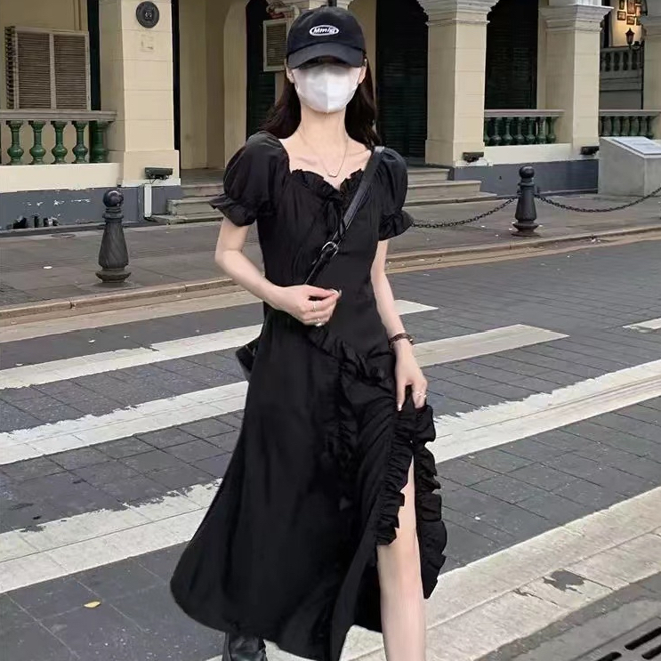 原版做法+拉鏈 設計感顯瘦藏肉黑色連衣裙夏季方領泡泡袖開叉裙