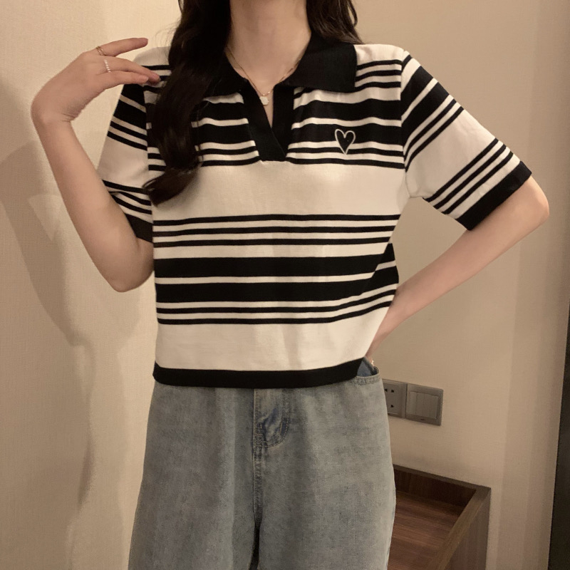 淑女愛心條紋短袖正肩POLO領T恤女獨特設計感小眾甜美別致上衣夏