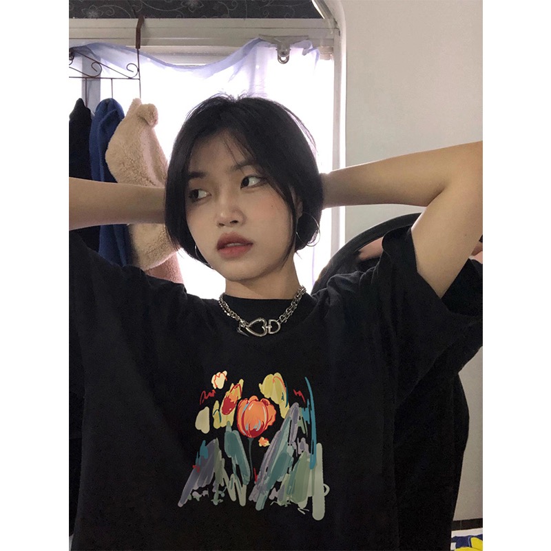 復古chic黑色圓領短袖T恤女2024夏季新款小個子港味寬鬆上衣