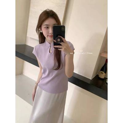 中式盤扣短袖上衣女法式復古文藝設計感純色百搭國風針織半袖夏季