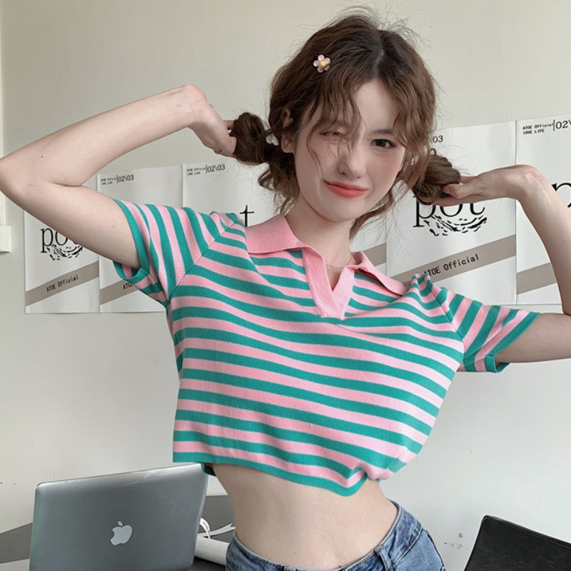 Striped POLO collar short-sleeved T-shirt women's summer 2024 new design sweet and chic short top