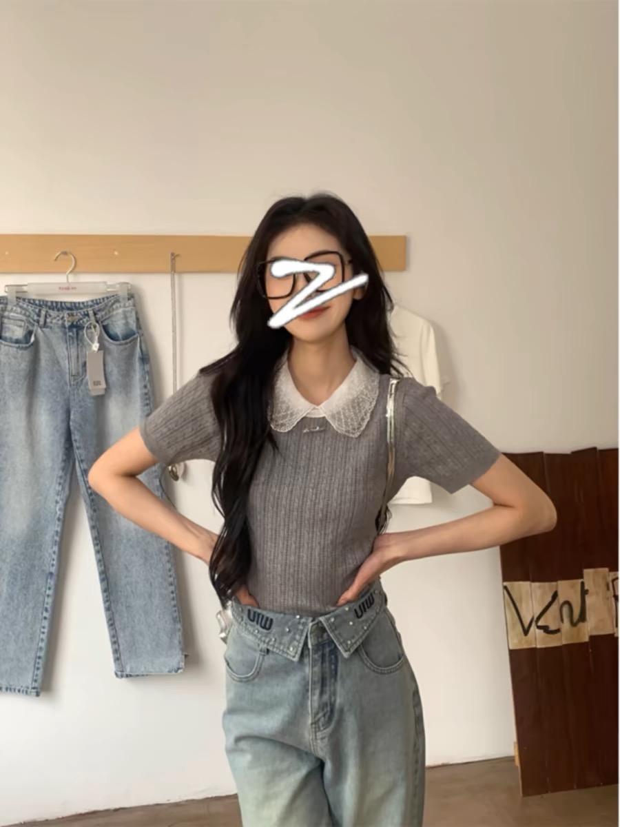 灰色娃娃領正肩短袖t恤女夏季設計感小眾修身超好看短款針織上衣