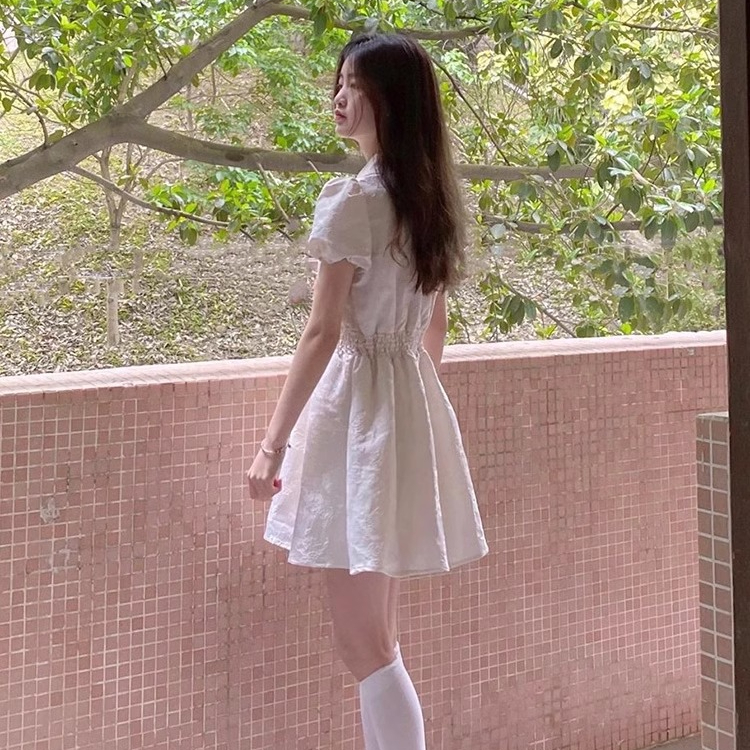 原版提花 甜美小眾初戀連衣裙女夏季收腰a字茶歇裙子