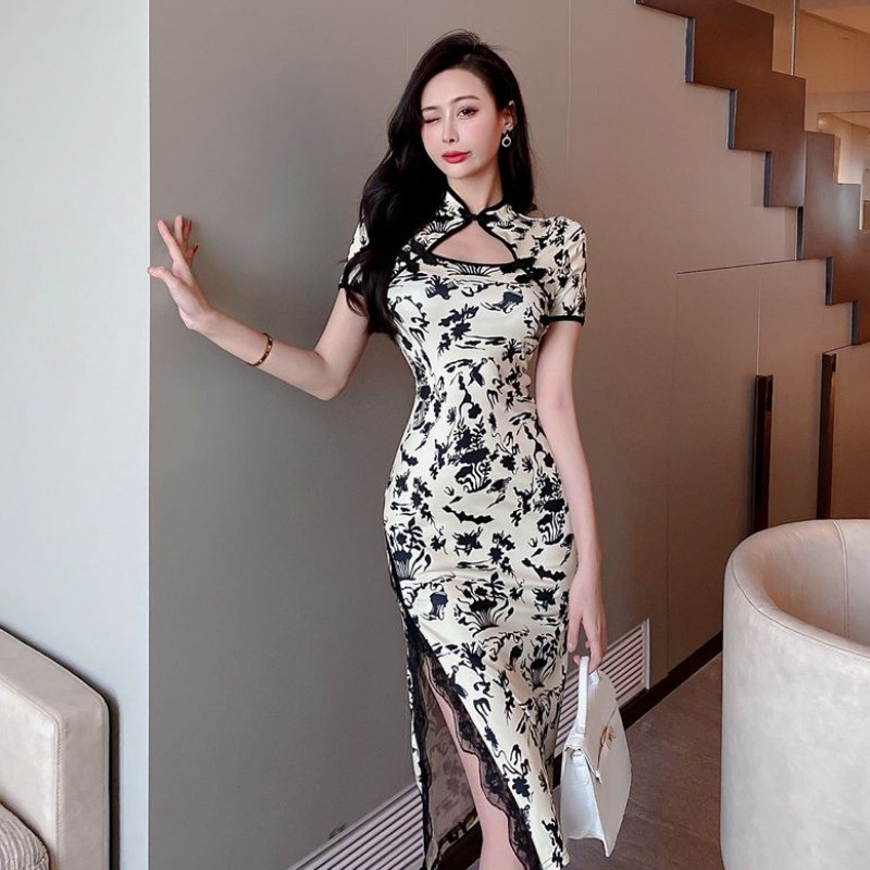 Improved version of the Republic of China style cheongsam dress for women in summer new retro style sexy waist slimming hip skirt