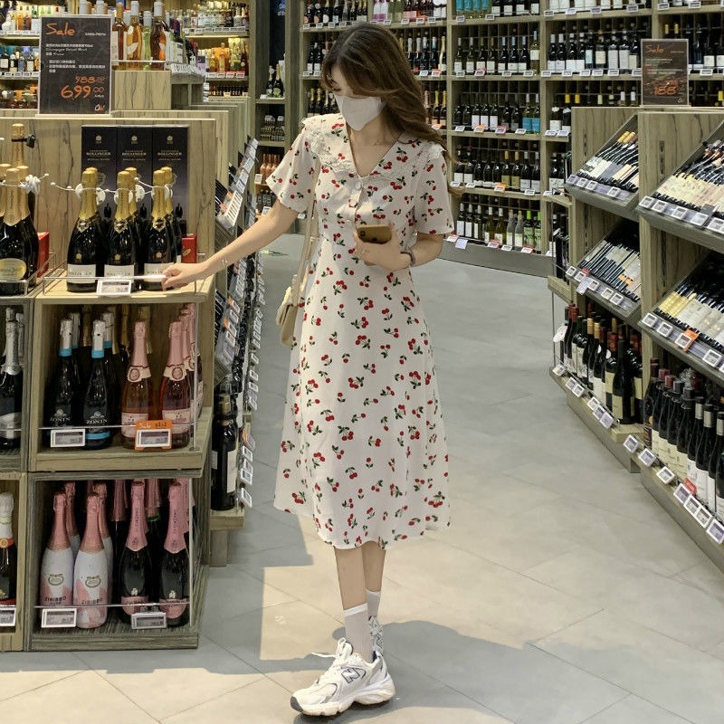 碎花蕾絲娃娃領連衣裙夏季2024新款法式復古中長款短袖裙子女chic