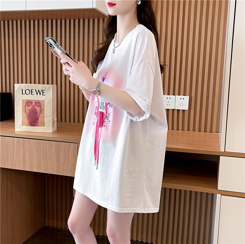 質量/環定紡純棉/後包領/中長款立體裝飾短袖T恤女