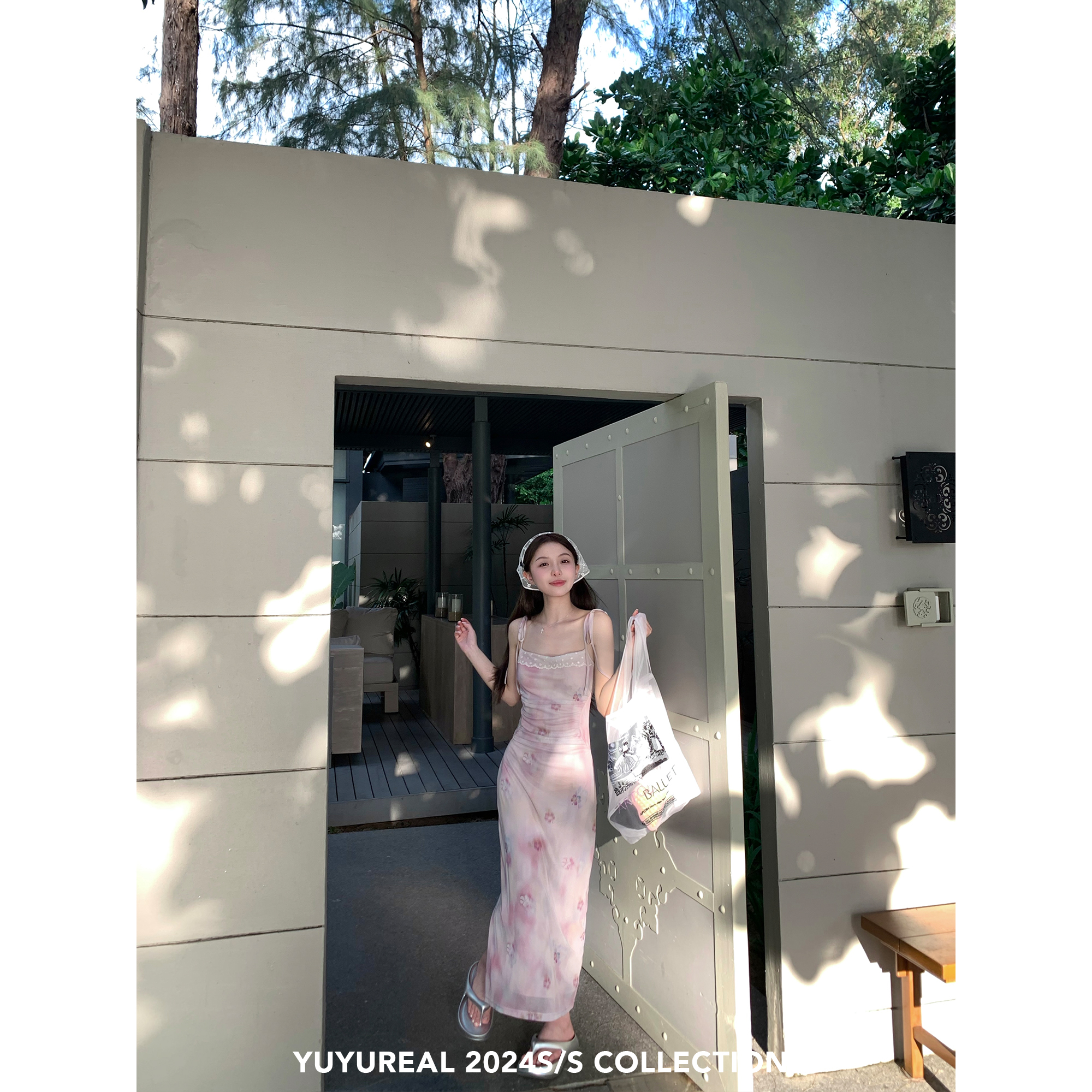 YUYUREAL 莓莓戀櫻 拼接印花蕾絲花邊吊帶綁帶連衣裙長短款