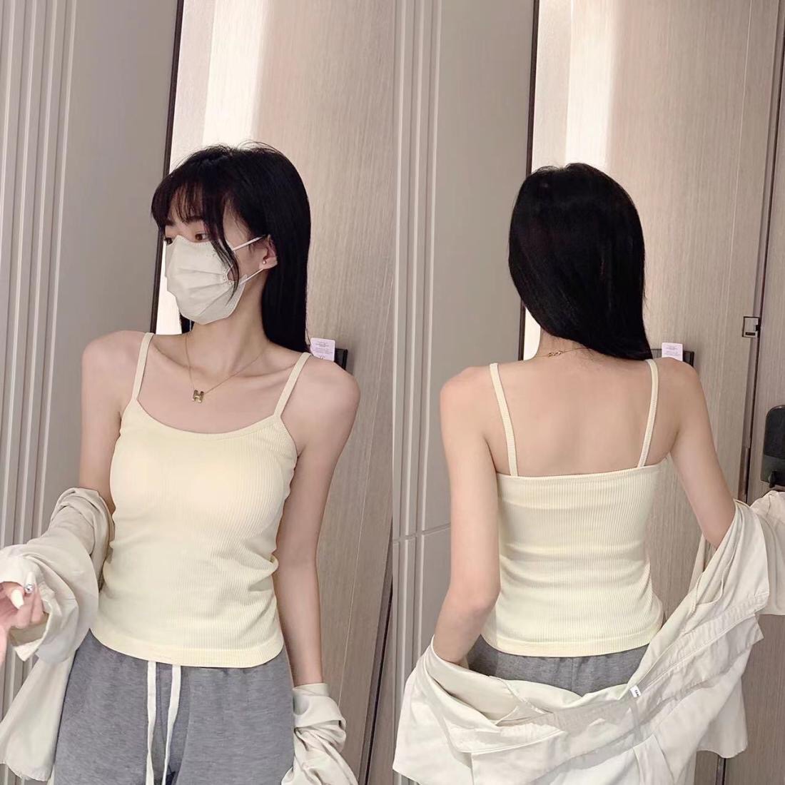 螺紋吊帶背心女帶胸墊性感外穿美背修身內衣一體夏季抹胸打底上衣