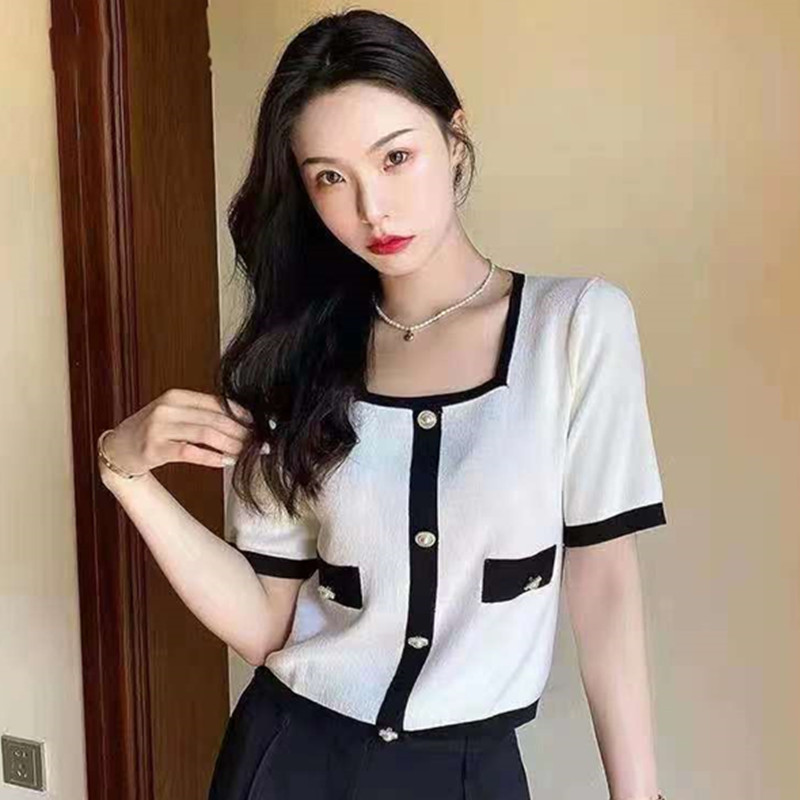 2024夏季法式方領T恤女黑白撞色針織短袖薄款氣質露鎖骨冰絲上衣