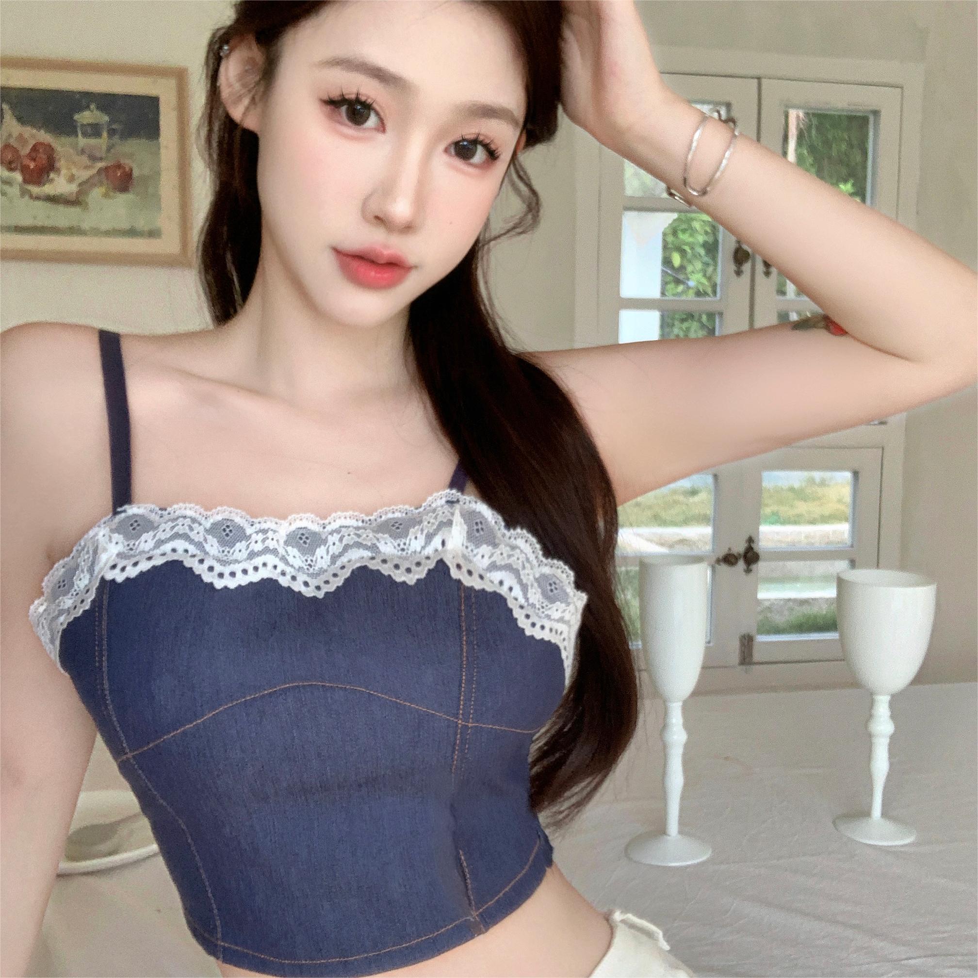拼接蕾絲花邊牛仔吊帶背心無袖辣妹裹胸內衣防走光美背帶胸墊少女