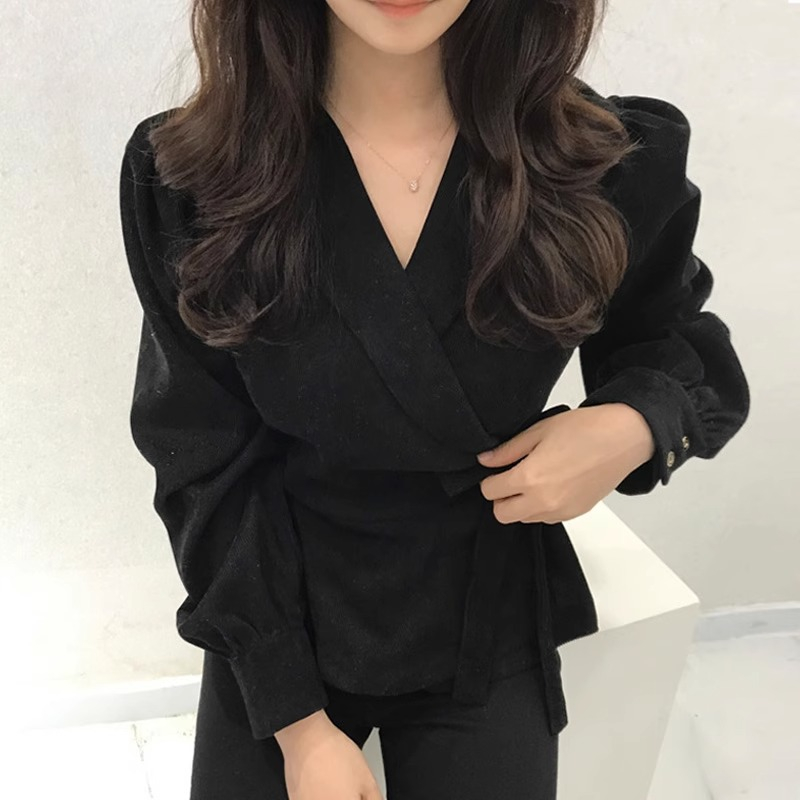 韓國chic 輕熟風系帶交叉V領收腰顯瘦長袖純色泡泡袖襯衫磨毛上衣