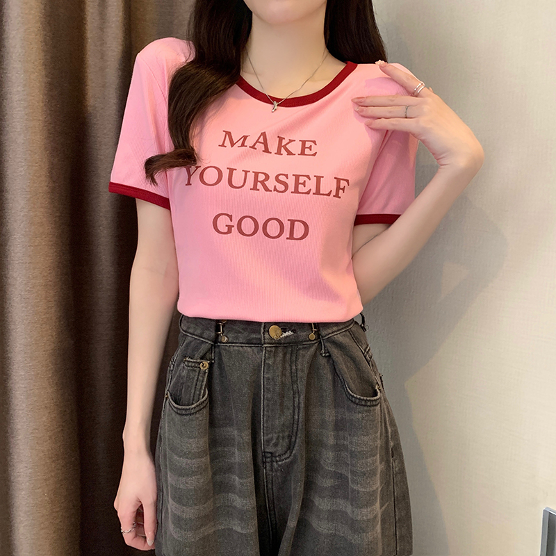 實拍  短袖t恤女夏韓版潮趣味印花短款圓領上衣大碼女裝