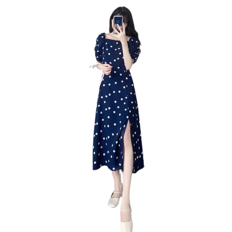 Summer new plus size women's clothing for fat girls French Hepburn style square collar slit long dress hot mom