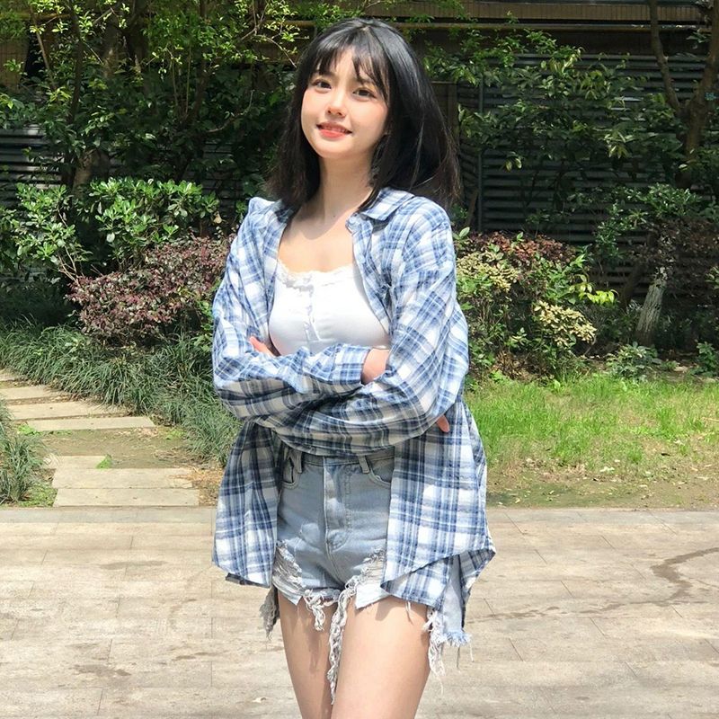 春秋2024新款韓系藍色格子襯衫女寬鬆百搭顯瘦防曬襯衣外穿上衣