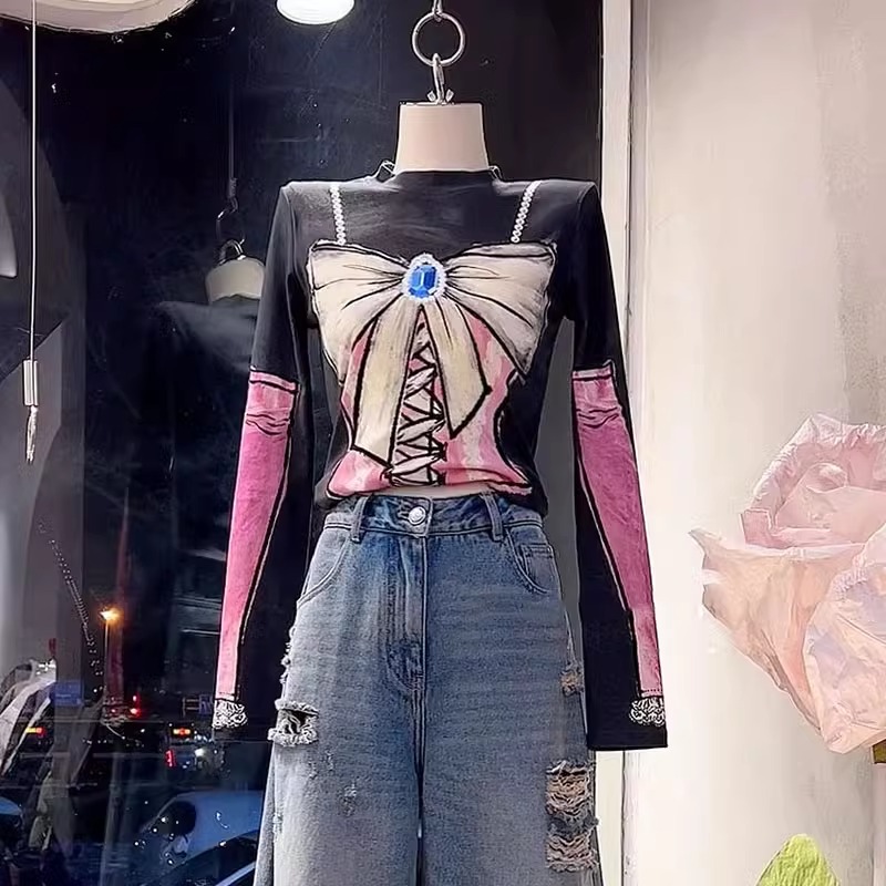 日系創意印花設計感別致長袖t恤女秋冬時髦洋氣修身顯瘦打底上衣