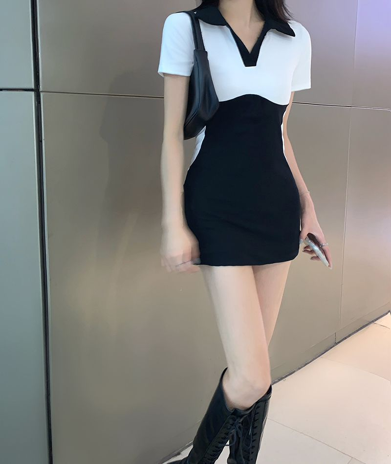 純欲拼接撞色polo領緊身連衣裙女2024夏季新款小個子設計小眾裙子