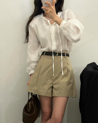 韩国chic早春肌理感 皱皱荷叶边 系带 长袖衬衫女打底衬衣