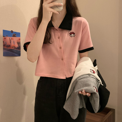 實拍米呢35棉 2024新款短袖Polo衫百搭短款t恤女