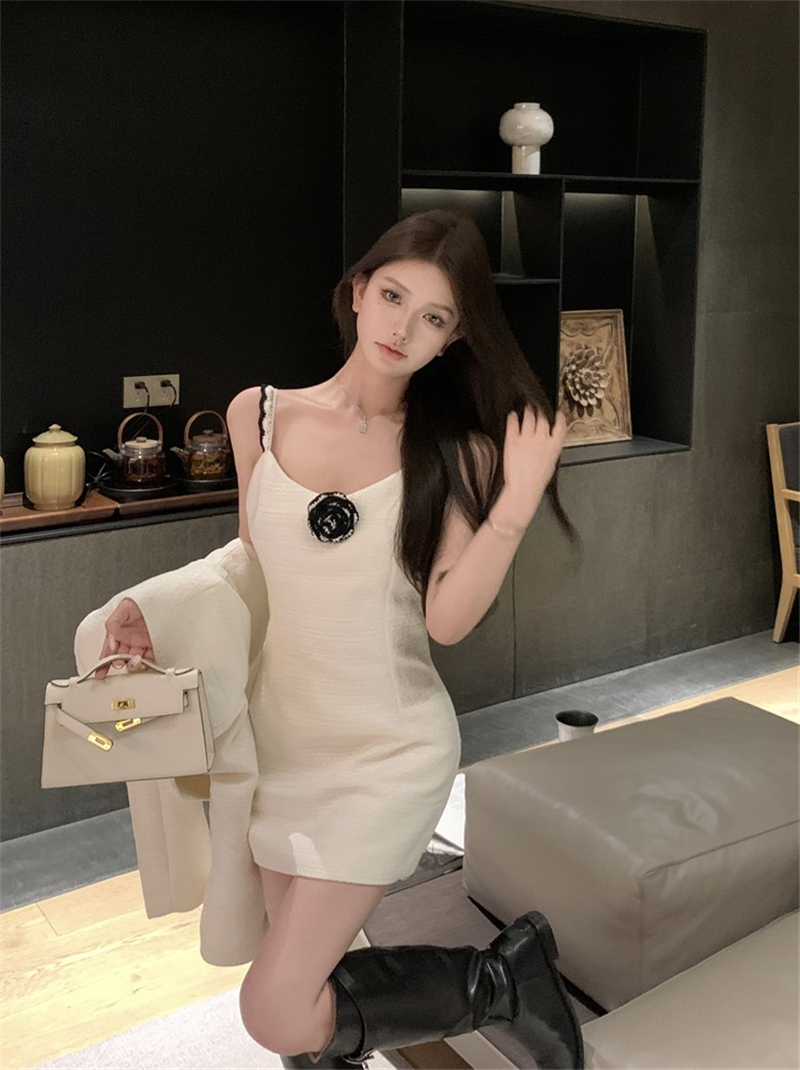 實拍 高級小香風粗花呢套裝女白色短款外套吊帶連衣裙兩件套