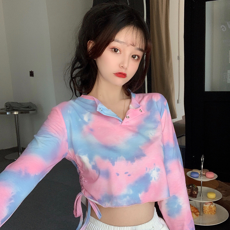 6535拉架棉 扎染短袖t恤女新款夏心機修身抽繩短款