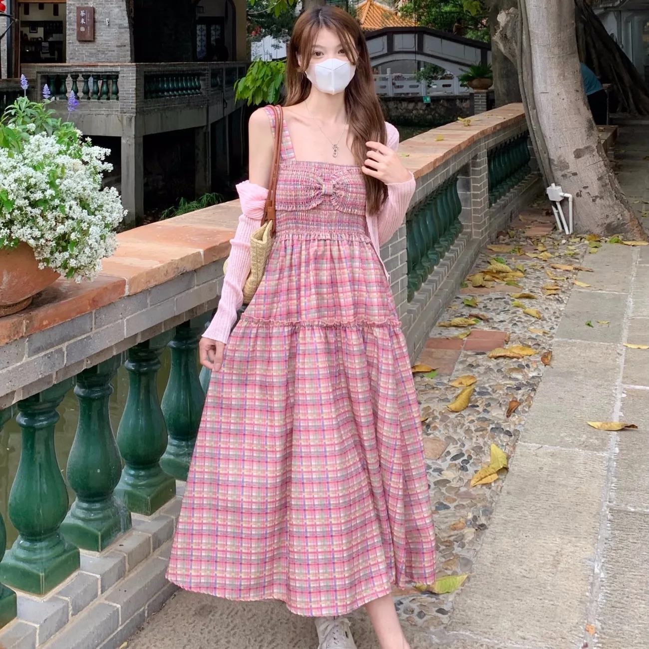 Plus size women's plaid tube top high waist suspender dress summer fat girl pleated waist slimming long skirt