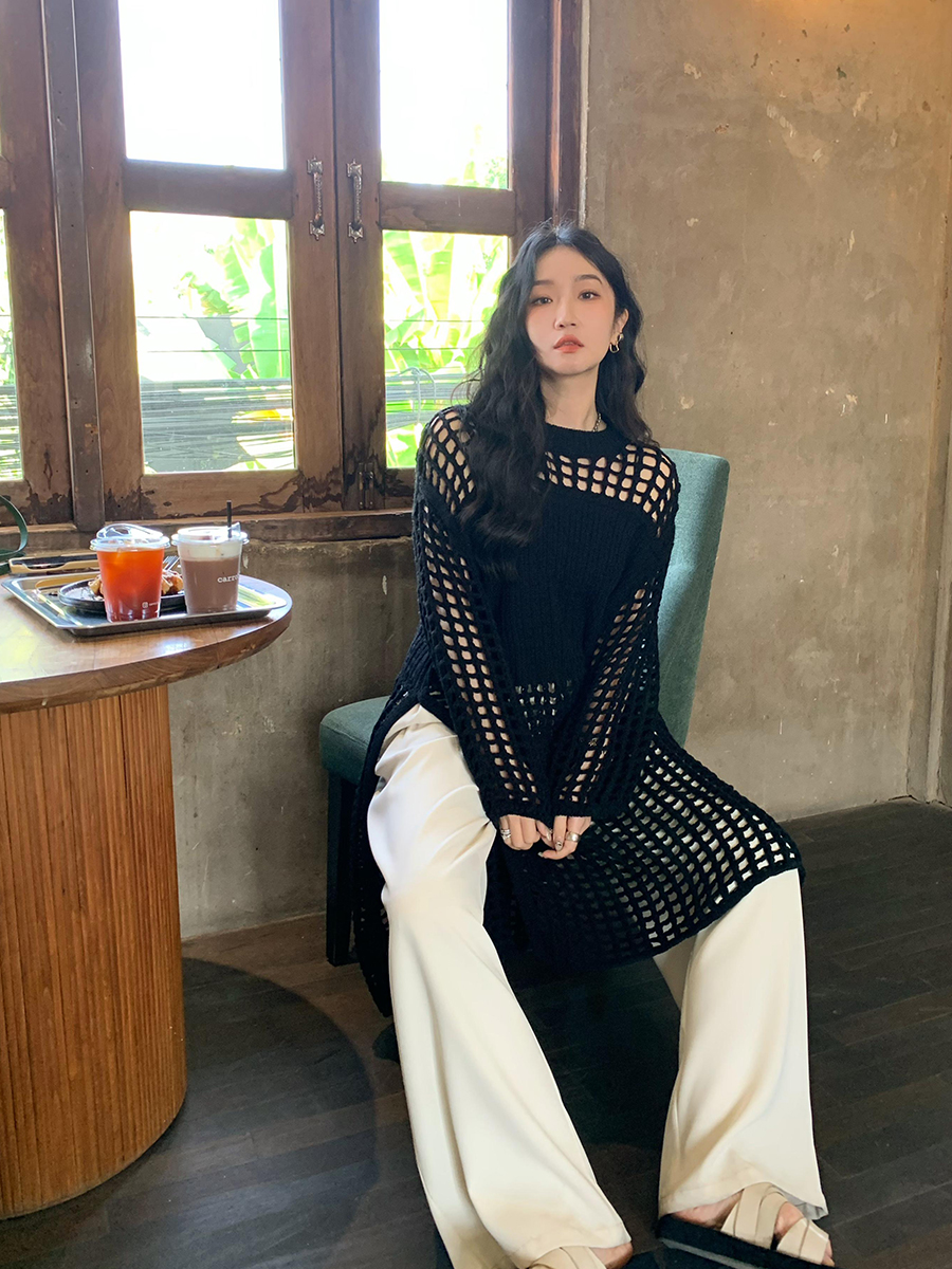 任小藝米杏色法式氣質鏤空針織連衣裙中長款疊穿空調罩衫度假裙子