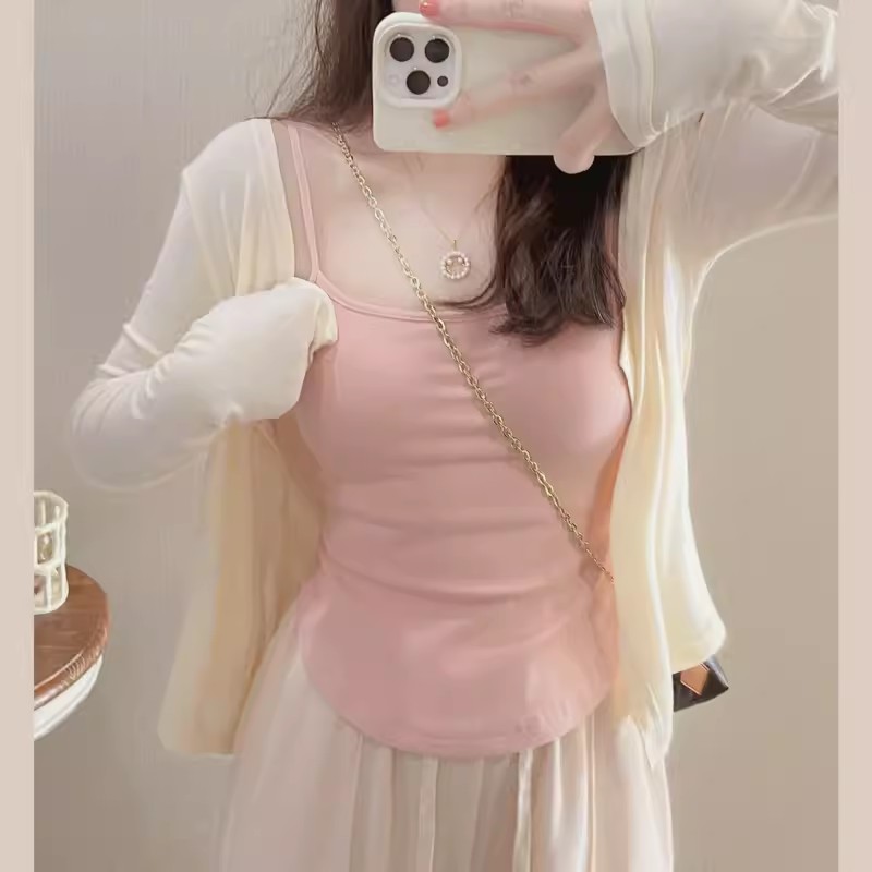 蘑蘑噯唄MoMoWoAi春夏米灰色背心女打底內搭外穿自帶胸墊吊帶