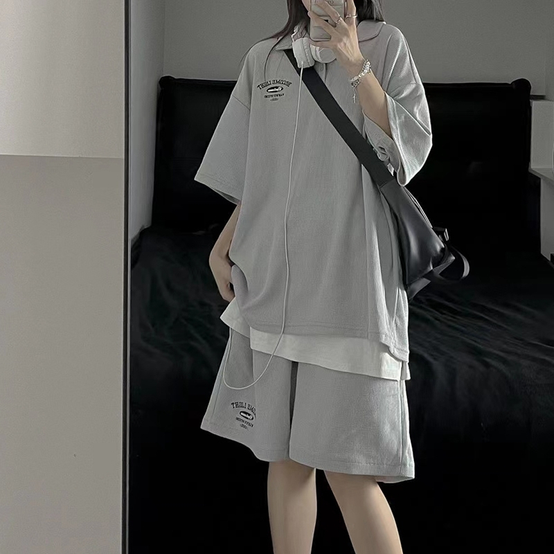 Waffle two-piece set for women 2024 summer new heavy industry embroidery student Korean style loose suit
