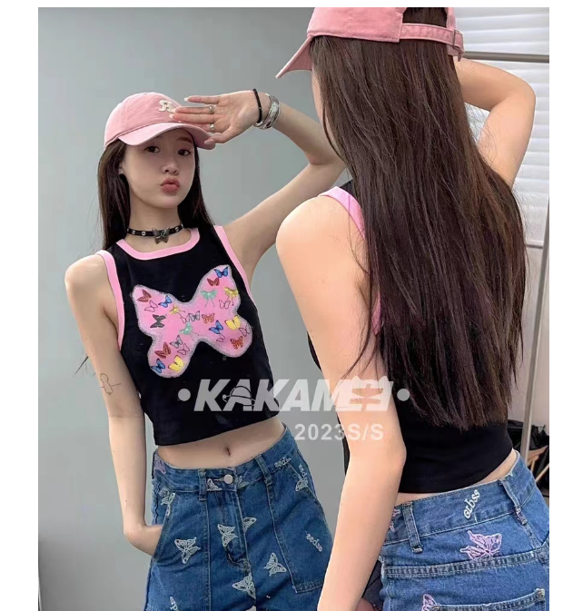 KAKAMEE新款美式洋氣彩色噴畫蝴蝶百搭減齡吊帶s1297