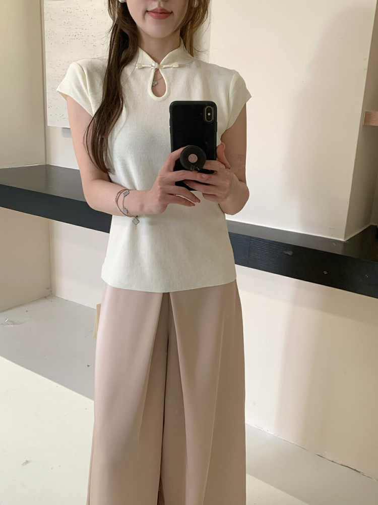 新中式盤扣立領小衫春夏國風針織衫女短袖修身飛飛袖T恤打底上衣