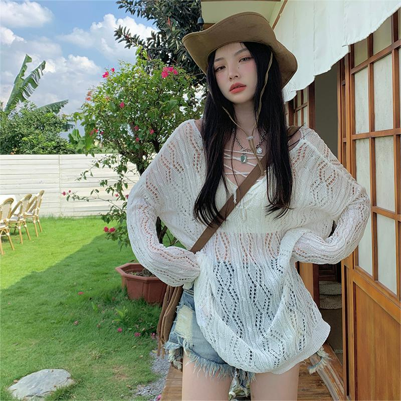 Long-sleeved pullover white thin hollow sun protection blouse for women summer outer sweater mesh top