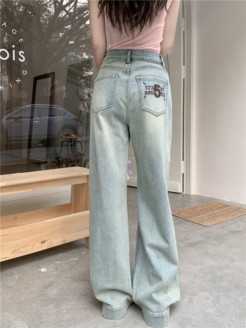 Actual shot~New high-waisted slimming straight-leg loose contrasting color embroidered wide-leg jeans for women