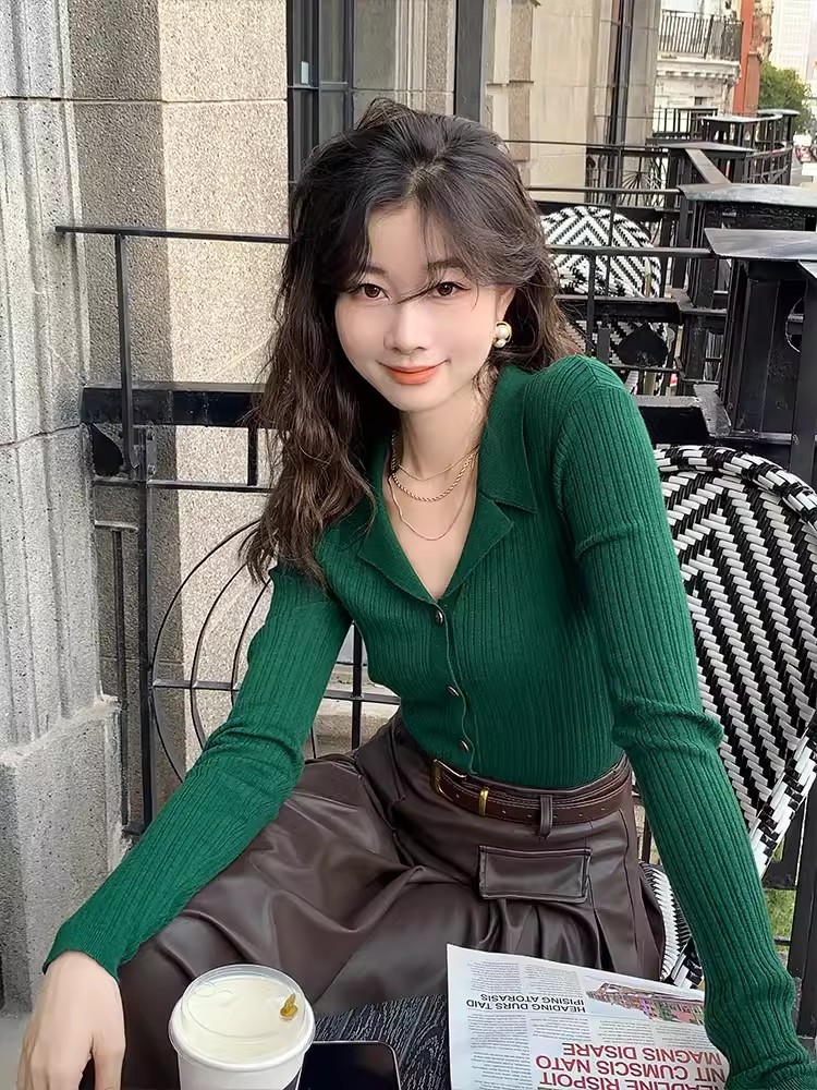 EIA一堯挪威森林港風早春秋復古顯瘦翻領針織衫女長袖修身上衣