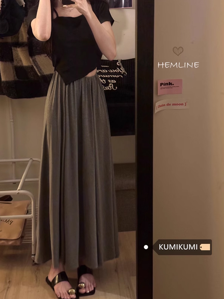 灰色垂感半身裙女春季高腰寬鬆A字百褶裙大擺裙休閒長裙小眾裙子