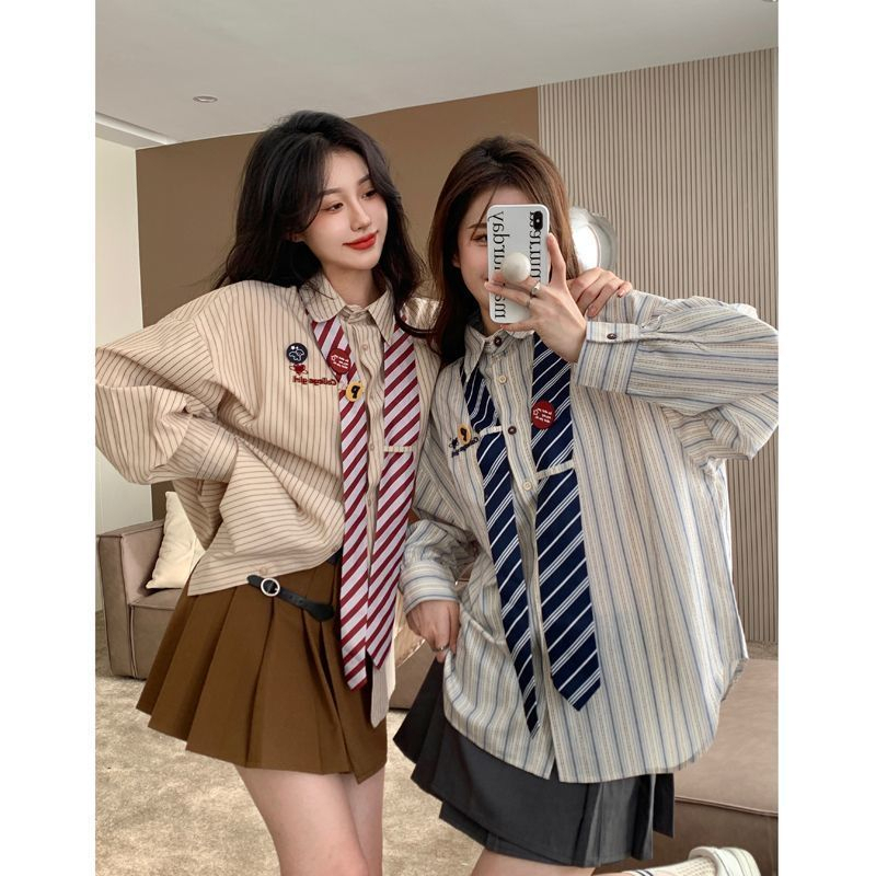 春季條紋襯衫學院風寬鬆古着美式設計感修身甜美可愛領帶長袖上衣