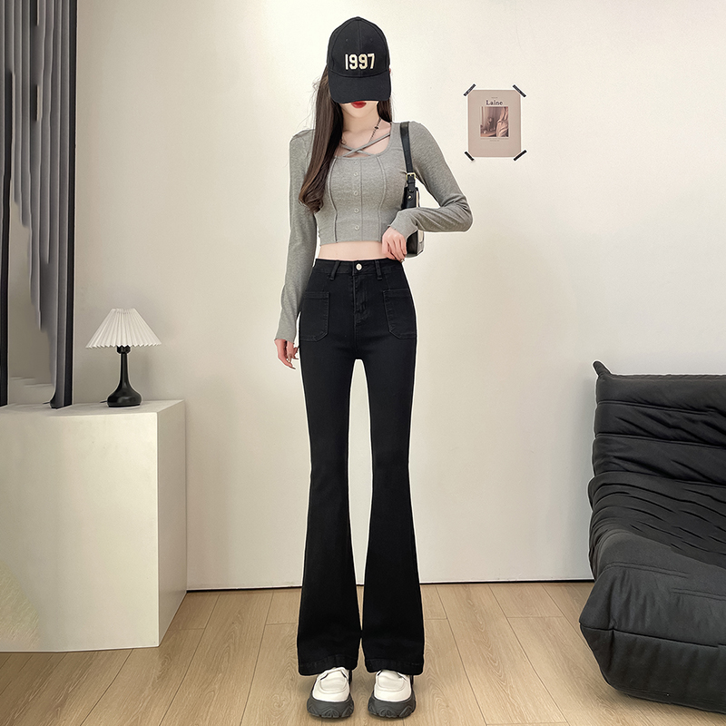 復古藍新款辣妹微喇叭牛仔褲女顯瘦高腰微喇褲女修身顯瘦高彈