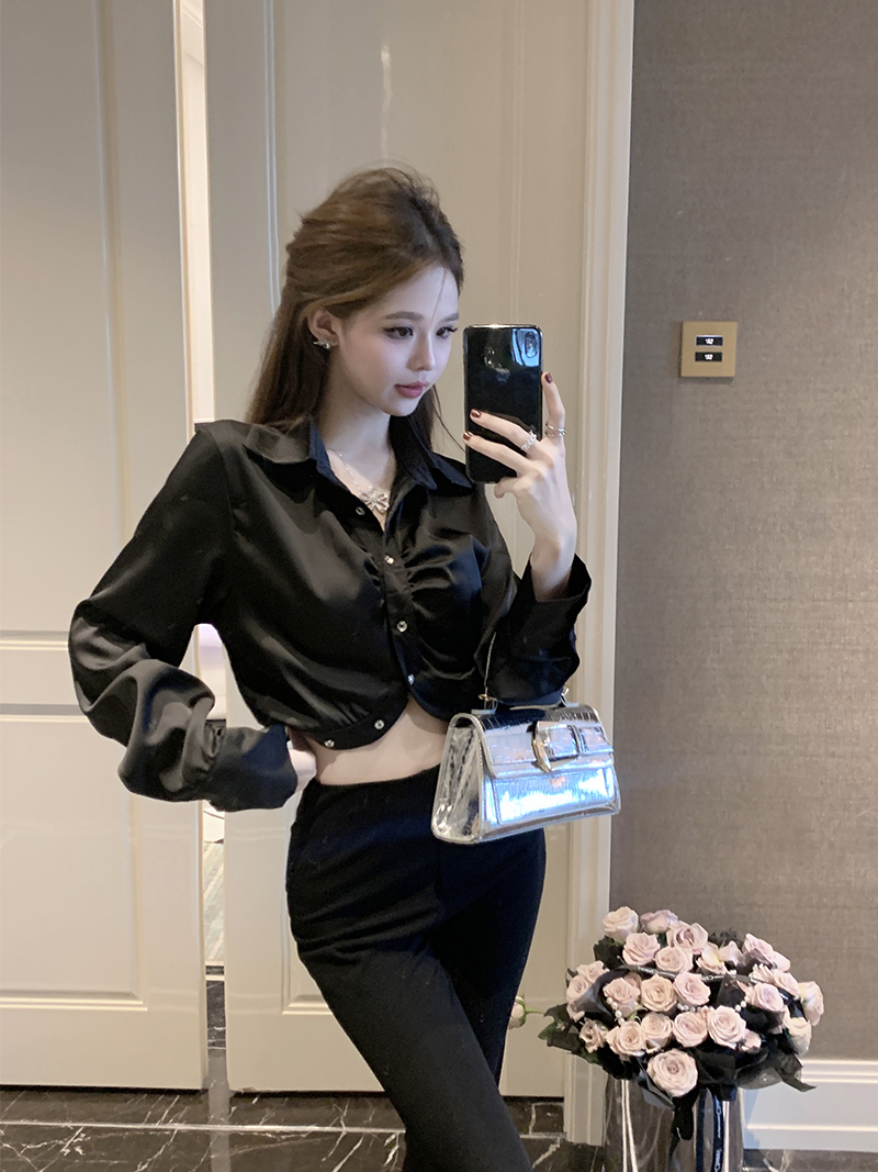 實拍 純欲辣妹polo領長袖襯衫女性感緊身開衫露臍短款上衣