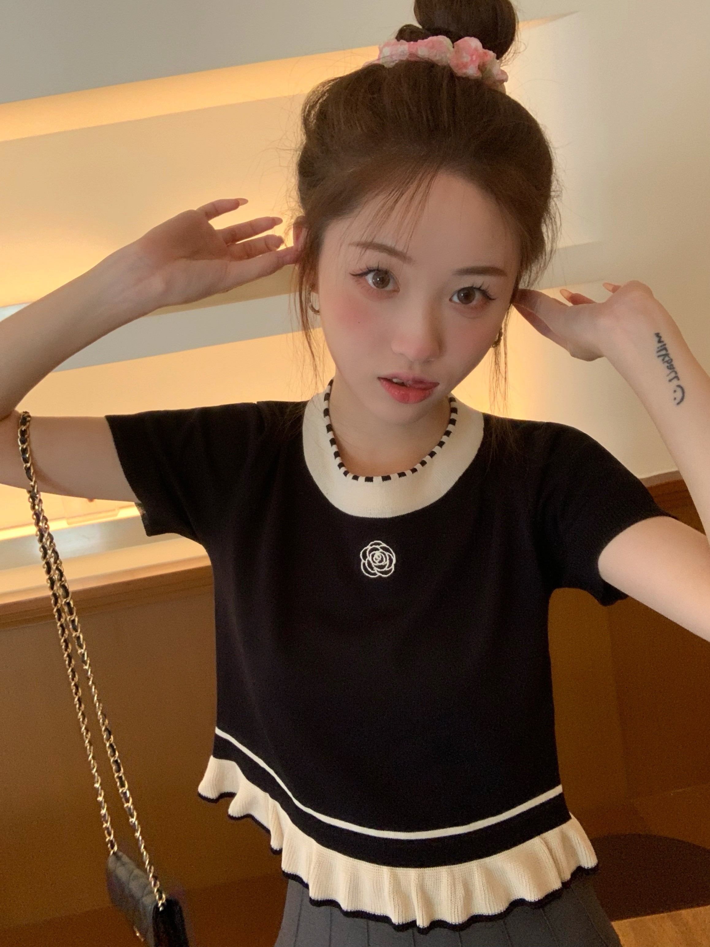 韓系甜美小香風短袖針織衫法式撞色小衫短款木耳邊別致上衣夏