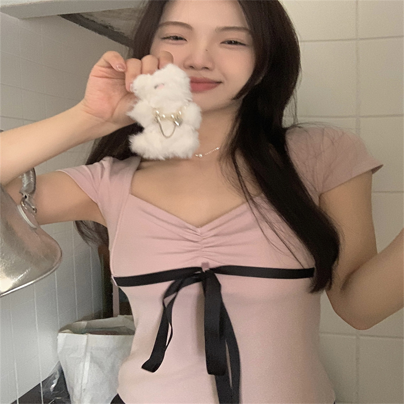 韓系綁帶蝴蝶結短袖T恤女夏季新款設計褶皺修身顯瘦短款上衣chic