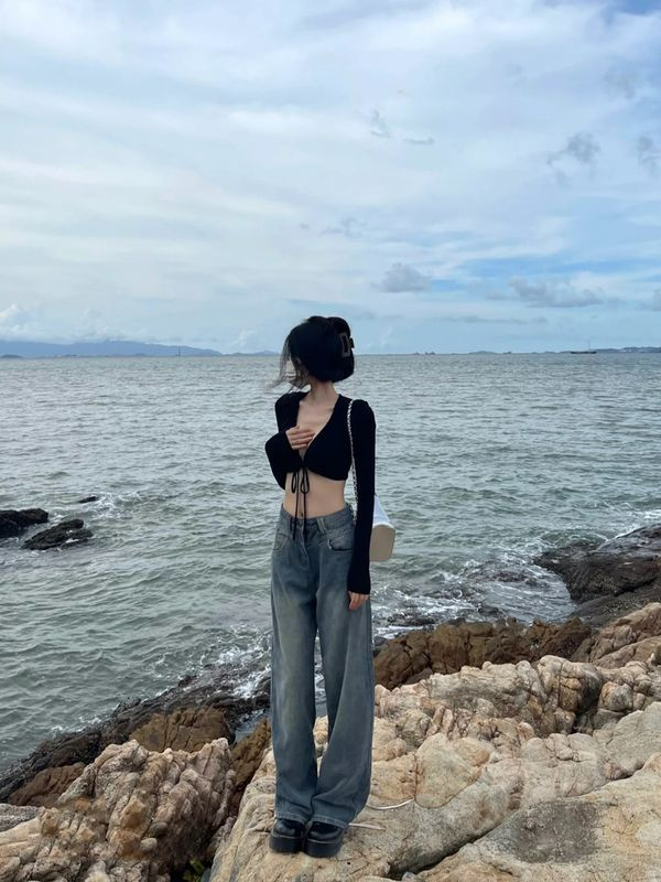 黑色防曬針織開衫女薄款外套夏季V領長袖辣妹短款上衣外搭小罩衫