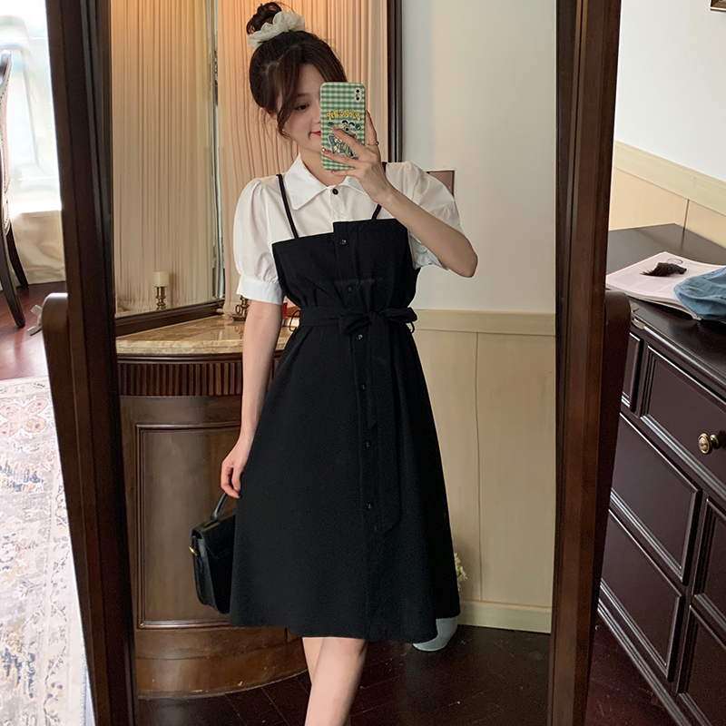 黑白拼接假兩件連衣裙設計感韓版系帶收腰襯衫裙子女