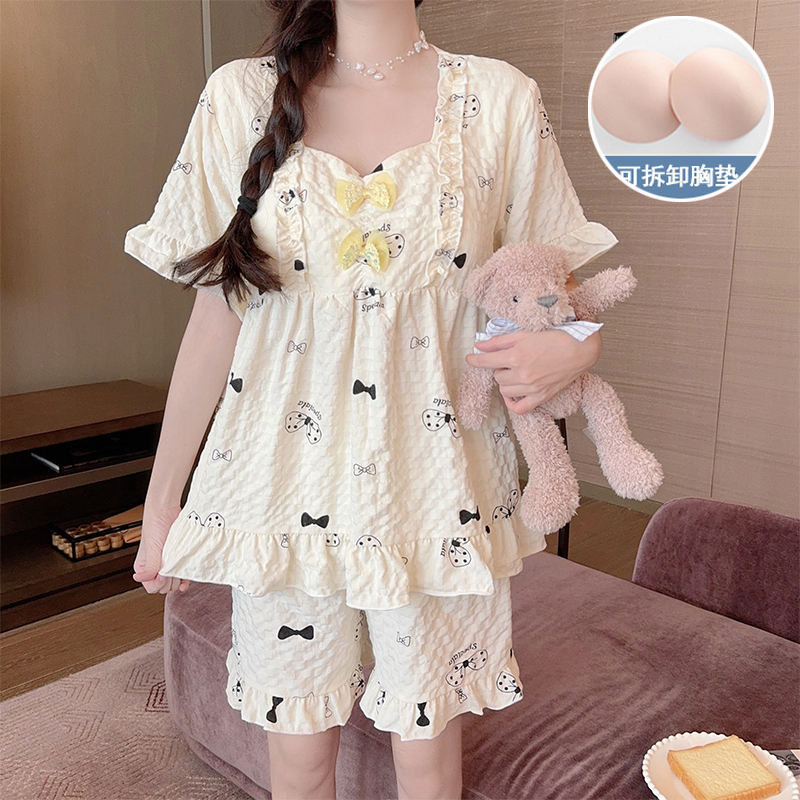夏季韓版新款帶胸墊睡衣女短袖梭織提花雲朵棉公主風家居服套裝