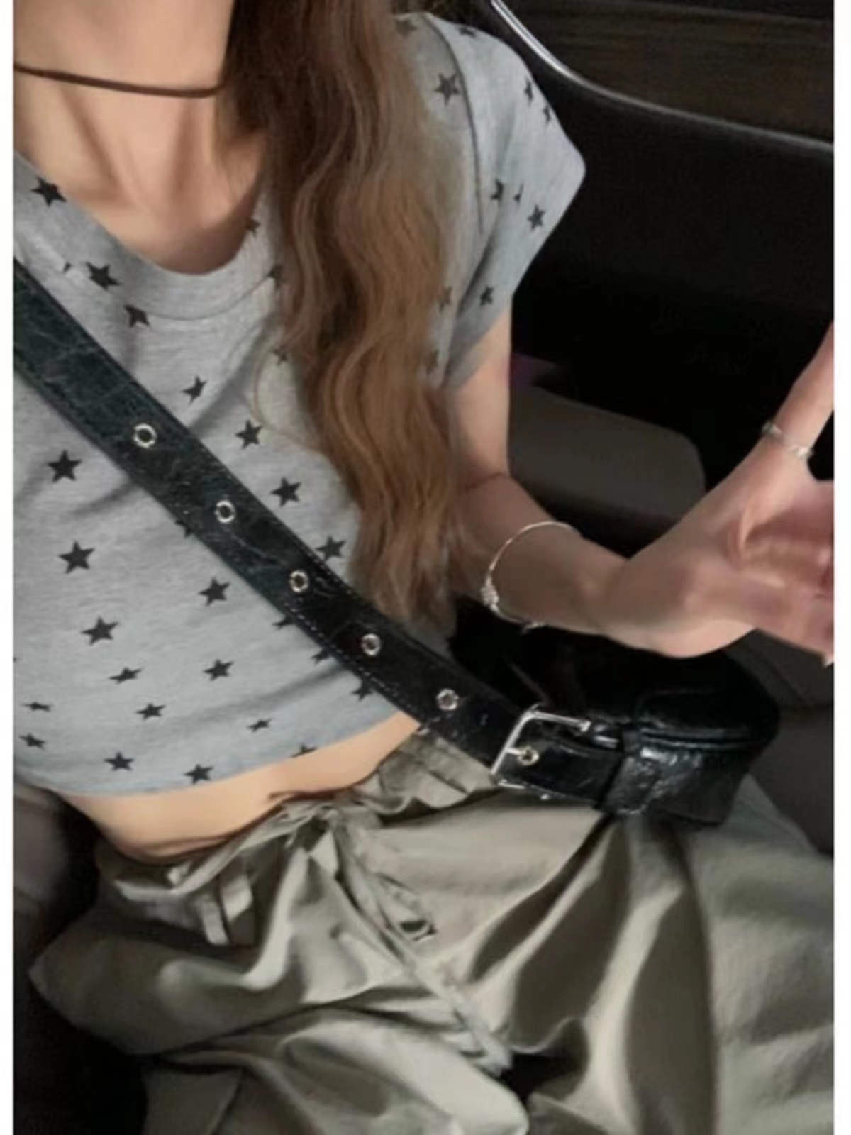 千禧設計感夏季韓系修身露肚臍辣妹短款星星印花短袖T恤人棉260克