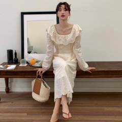 Real shot # Lace-up waist square collar embroidery dress