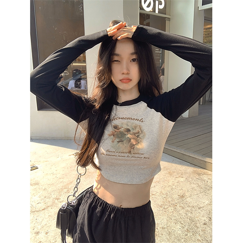 6535拉架棉 修身短款長袖T恤女美式復古辣妹拼色內搭
