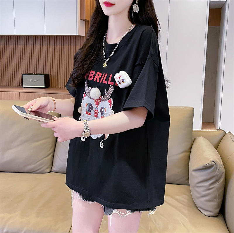 實拍純棉 春夏新款設計感韓版寬鬆短袖卡通印花t恤上衣女