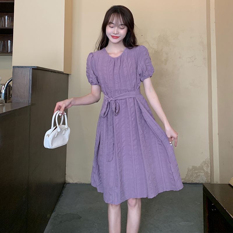 肉完同款法式連衣裙女蝴蝶結系帶收腰褶皺甜美長裙